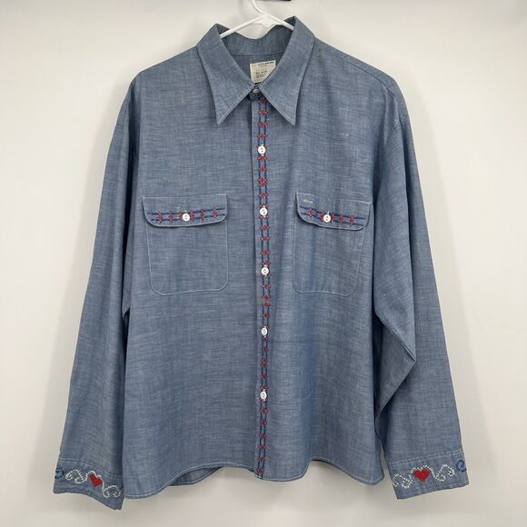 VTG 1970's Big Mac Womens Blue Embroidered Chambray Shirt God Bless America - Picture 1 of 10